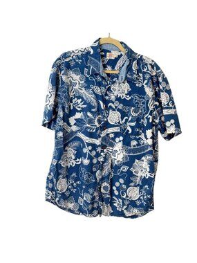 Faherty Mens XL Shirt Short-Sleeve Tropical Blue Print Button-Up Cotton Casual